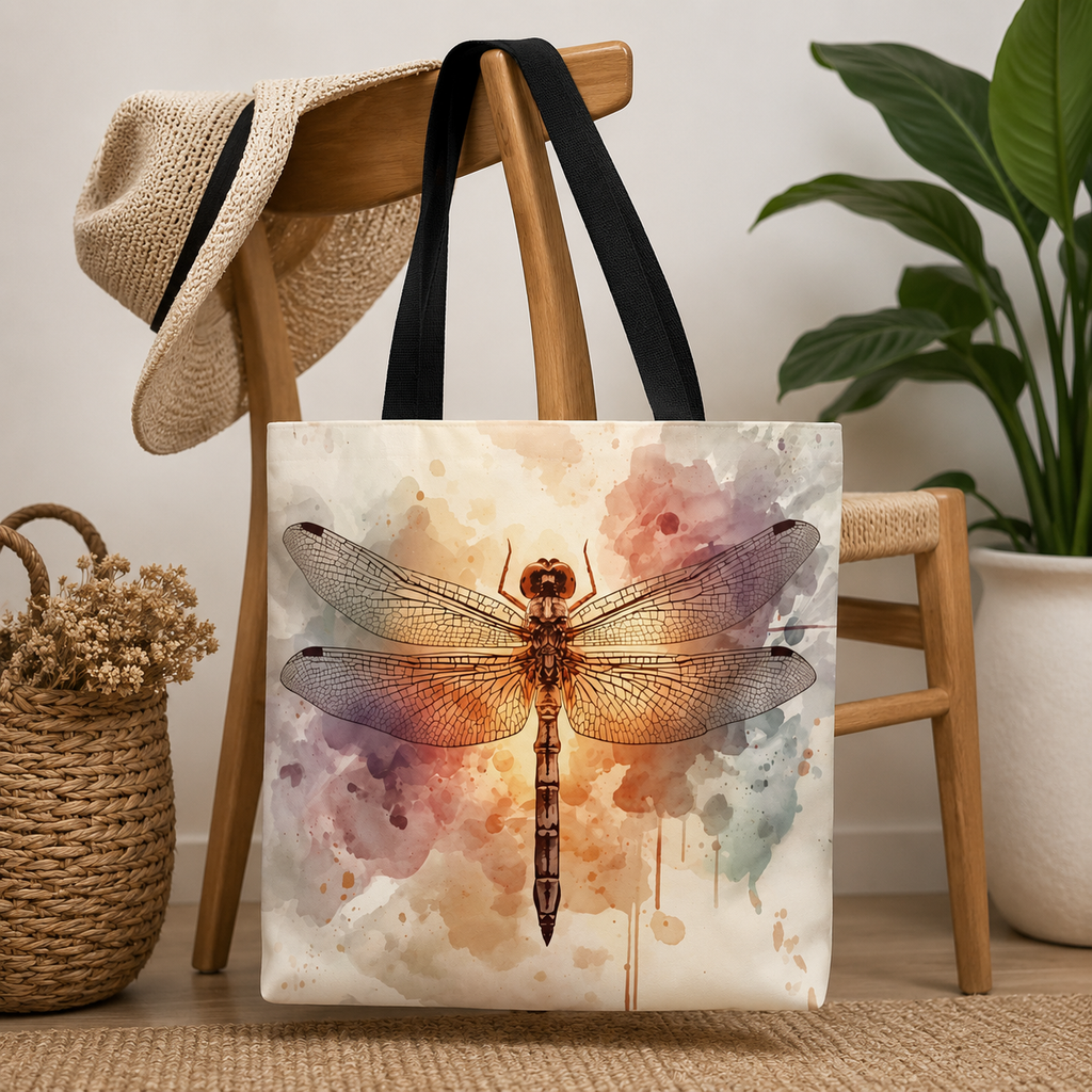 A tote bag with a large dragonfly graphic over a watercolor-style background, hanging from a wooden chair in a styled indoor setting with a hat, basket, and plant.