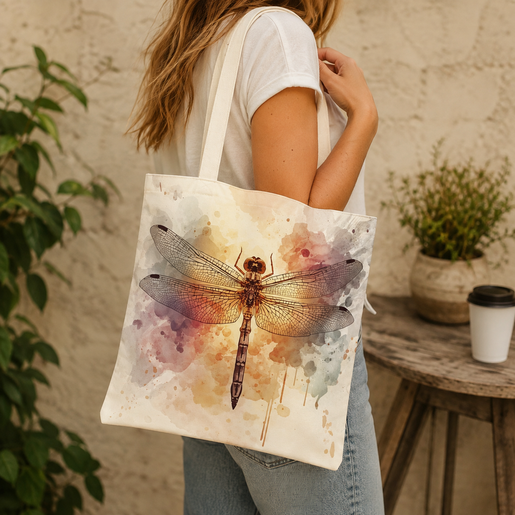 A woman wearing a white t-shirt and jeans carries a canvas tote bag with a watercolor dragonfly design. The tote bag is cream-colored with a detailed dragonfly print over a watercolor splash background.