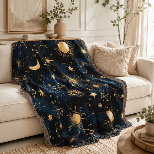 Dark navy woven throw blanket featuring gold celestial suns, crescent moons, stars, and constellation details, styled over a cream sofa in a warm, modern living room.