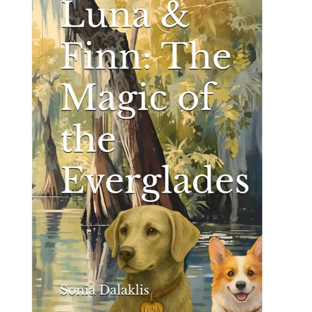 Book cover for Luna & Finn: The Magic of the Everglades by Sonia Dalaklis, featuring a yellow Labrador named Luna and a corgi in a cypress swamp”
