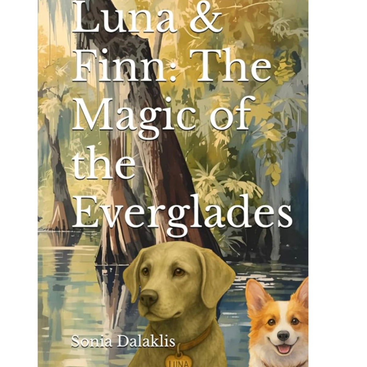Book cover for Luna & Finn: The Magic of the Everglades by Sonia Dalaklis, featuring a yellow Labrador named Luna and a corgi in a cypress swamp”