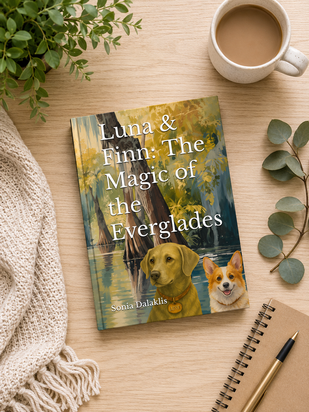Hardcover copy of Luna & Finn: The Magic of the Everglades by Sonia Dalaklis, styled flat lay with a knit throw, notebook, and eucalyptus