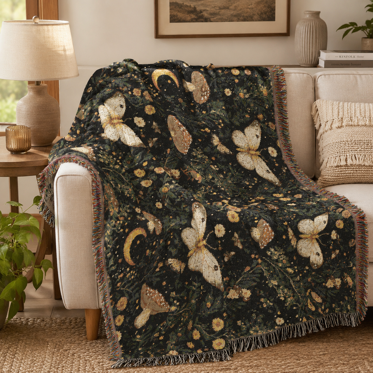 Dark woodland woven throw blanket with cream butterflies, golden wildflowers, mushrooms and crescent moon draped over a neutral sofa.