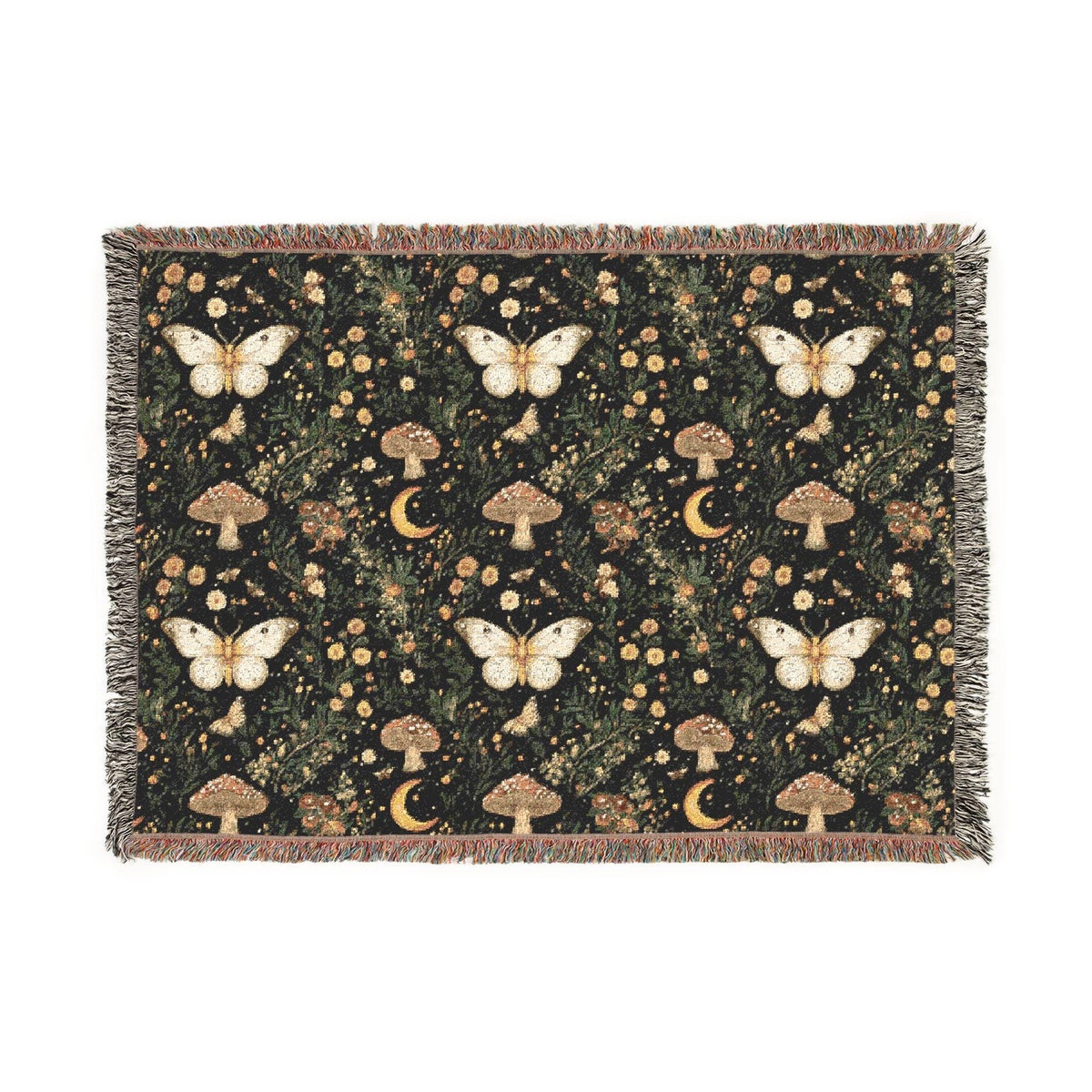 A rectangular woven throw blanket with fringe edges, featuring a dark forest pattern with white butterflies, brown mushrooms, and small yellow flowers.