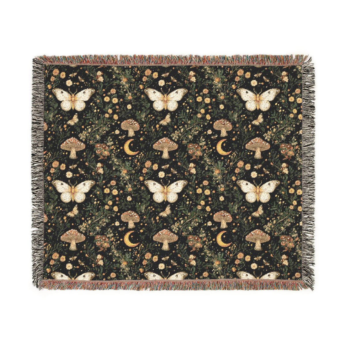 A rectangular woven throw blanket with fringed edges, featuring a dark forest pattern with cream butterflies, brown mushrooms, and small gold crescent moons and dots on a black background.
