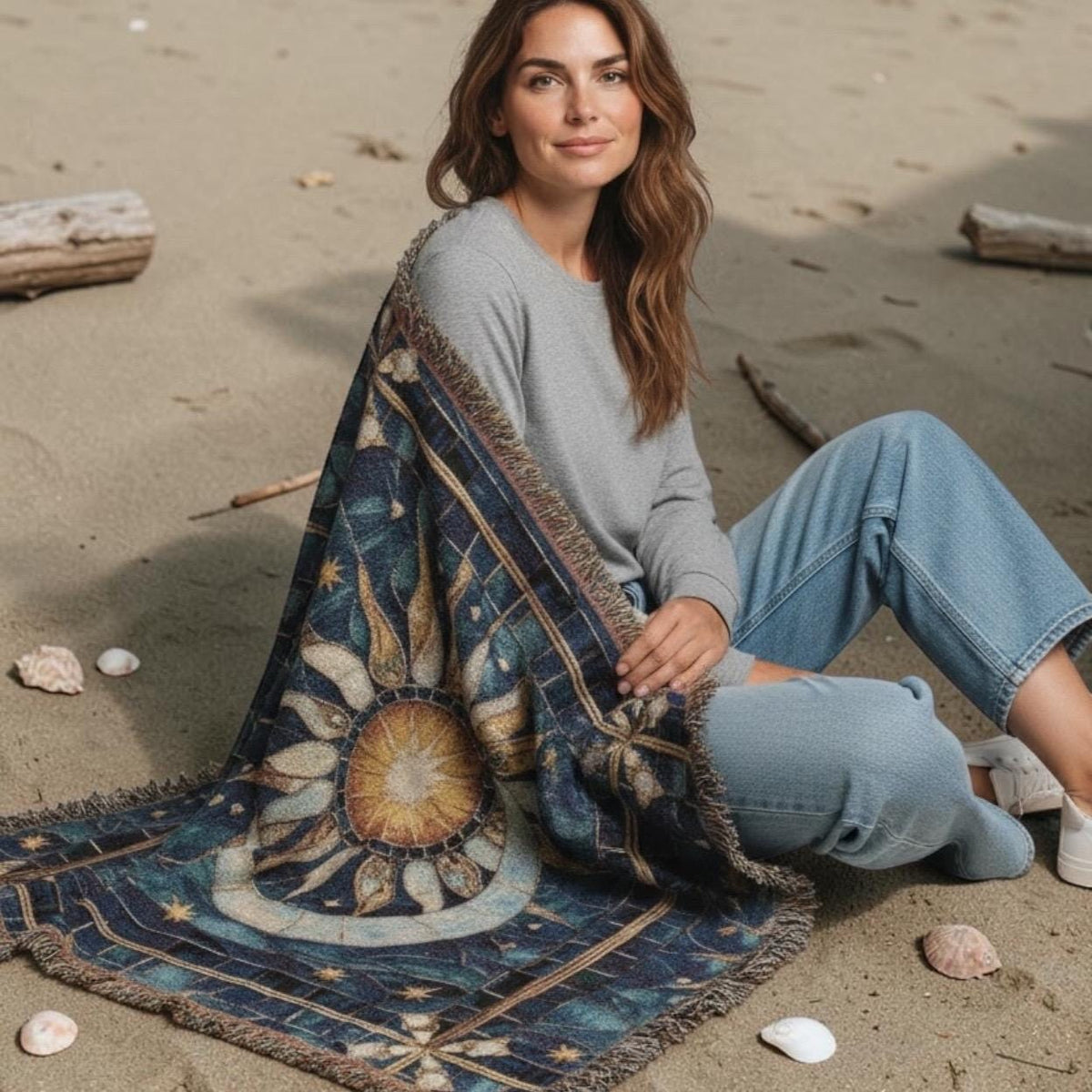 A woman sits on a sandy beach wearing a light gray long-sleeve top and light blue cropped jeans, with a large fringed blanket draped over her lap. The blanket features a celestial sun and moon design in navy blue, gold, and beige tones, with seashells and driftwood scattered around her.