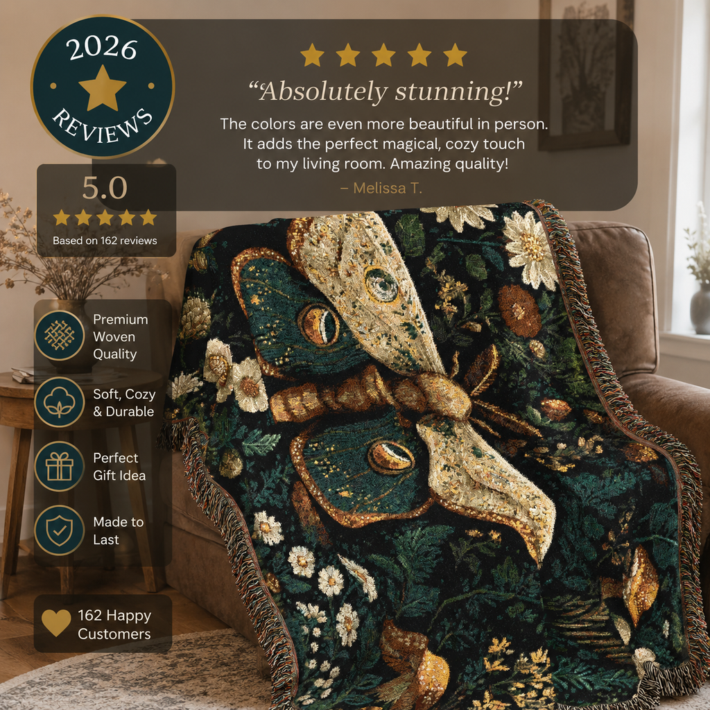 Cottagecore moth woven throw blanket with dark green botanical florals and gold details, styled in a cozy living room with 2026 customer review highlights.