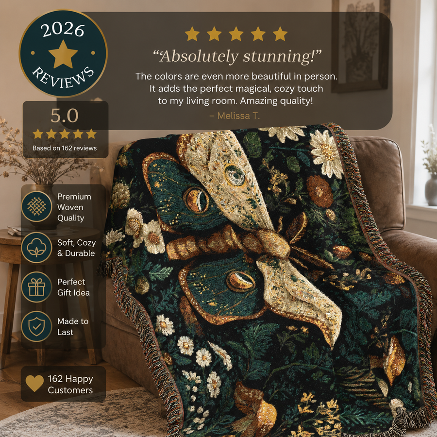 Cottagecore moth woven throw blanket with dark green botanical florals and gold details, styled in a cozy living room with 2026 customer review highlights.