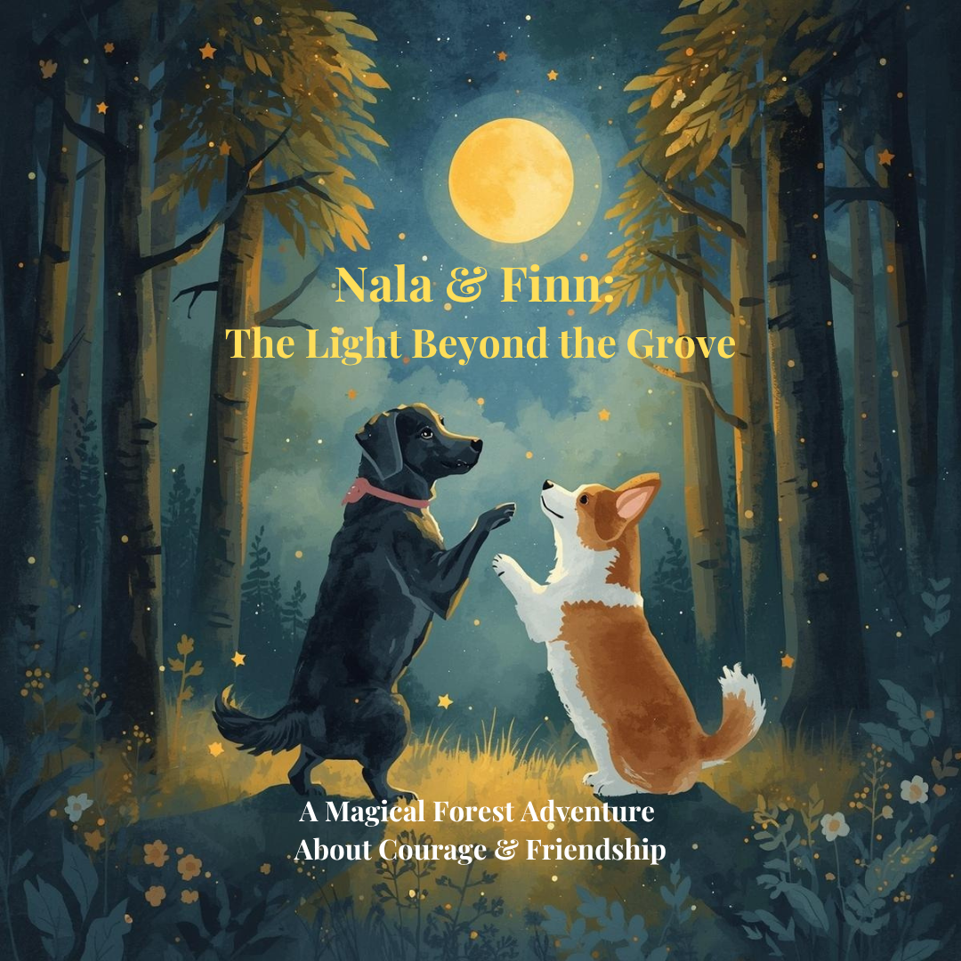 Book cover for Nala & Finn: The Light Beyond the Grove by Sonia Dalaklis, showing a black dog and corgi playing in a moonlit forest