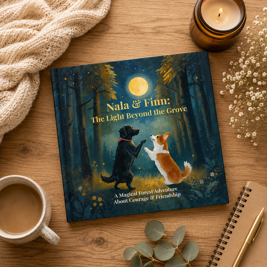 Paperback copy of Nala & Finn: The Light Beyond the Grove by Sonia Dalaklis, styled flat lay with coffee, knit throw, and eucalyptus