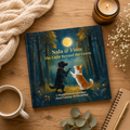 Paperback copy of Nala & Finn: The Light Beyond the Grove by Sonia Dalaklis, styled flat lay with coffee, knit throw, and eucalyptus