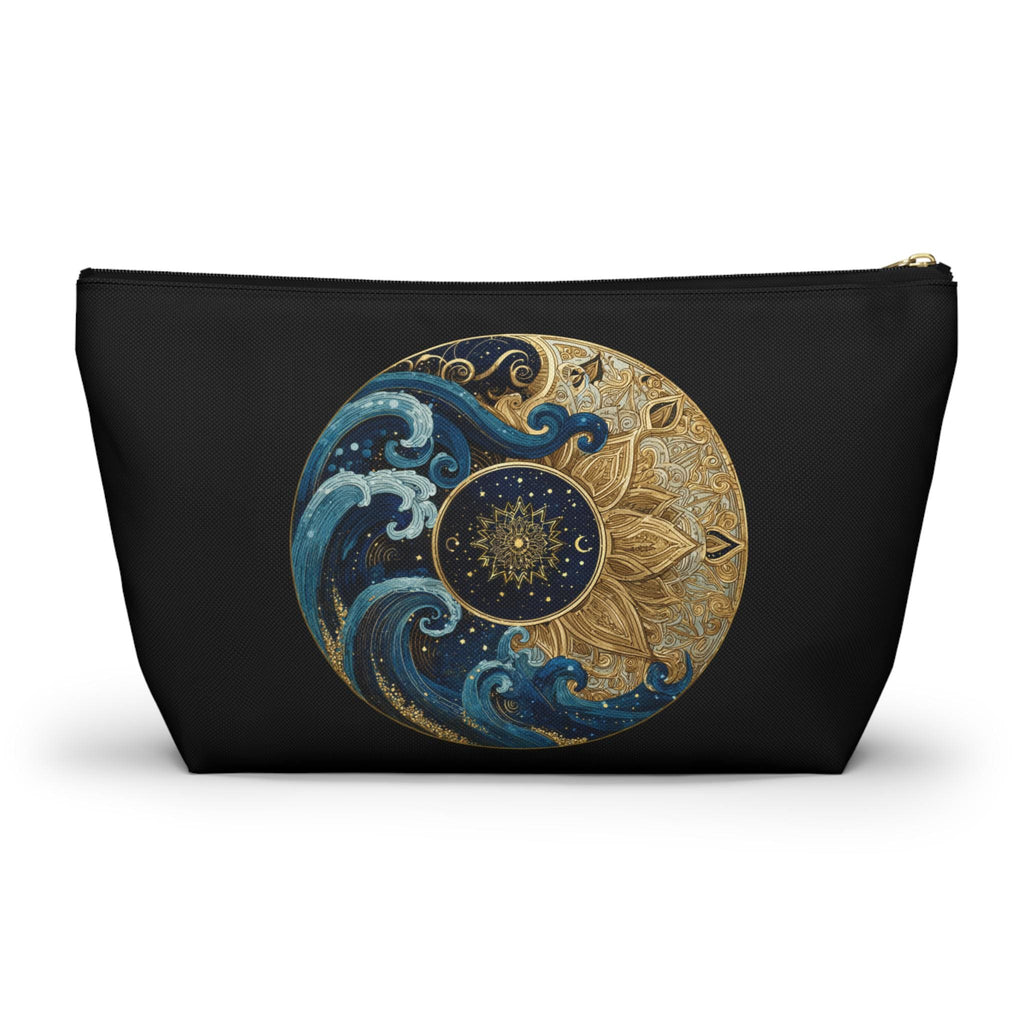 Black pouch with celestial design featuring waves and a mandala on a white background