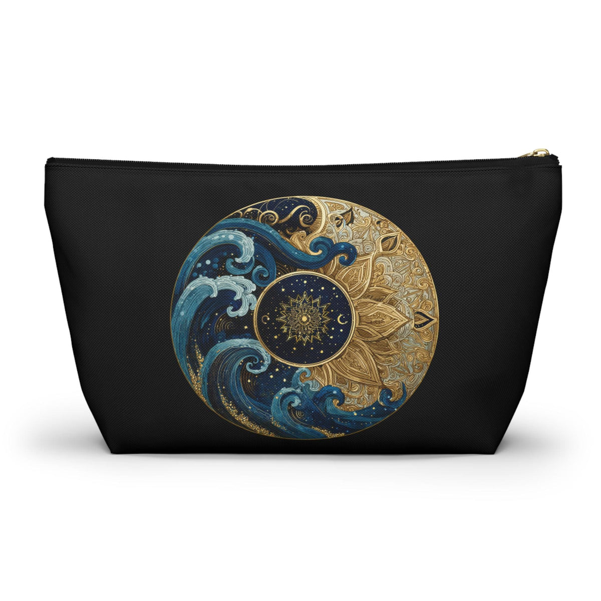Black pouch with celestial design featuring waves and a mandala on a white background