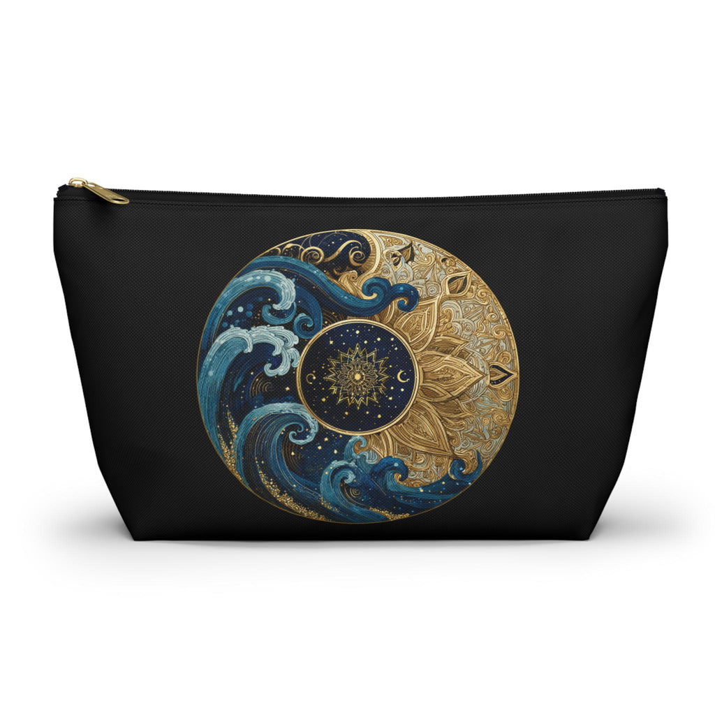 Black pouch with a decorative design featuring blue and gold elements on a white background