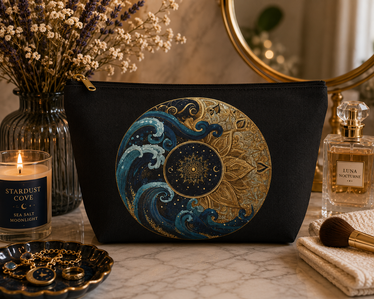 Ocean Wave Moon Mandala accessory pouch featuring a blue ocean wave and gold celestial moon design on a black zippered makeup bag. Perfect for cosmetics, travel essentials, toiletries, stationery, or everyday organization.