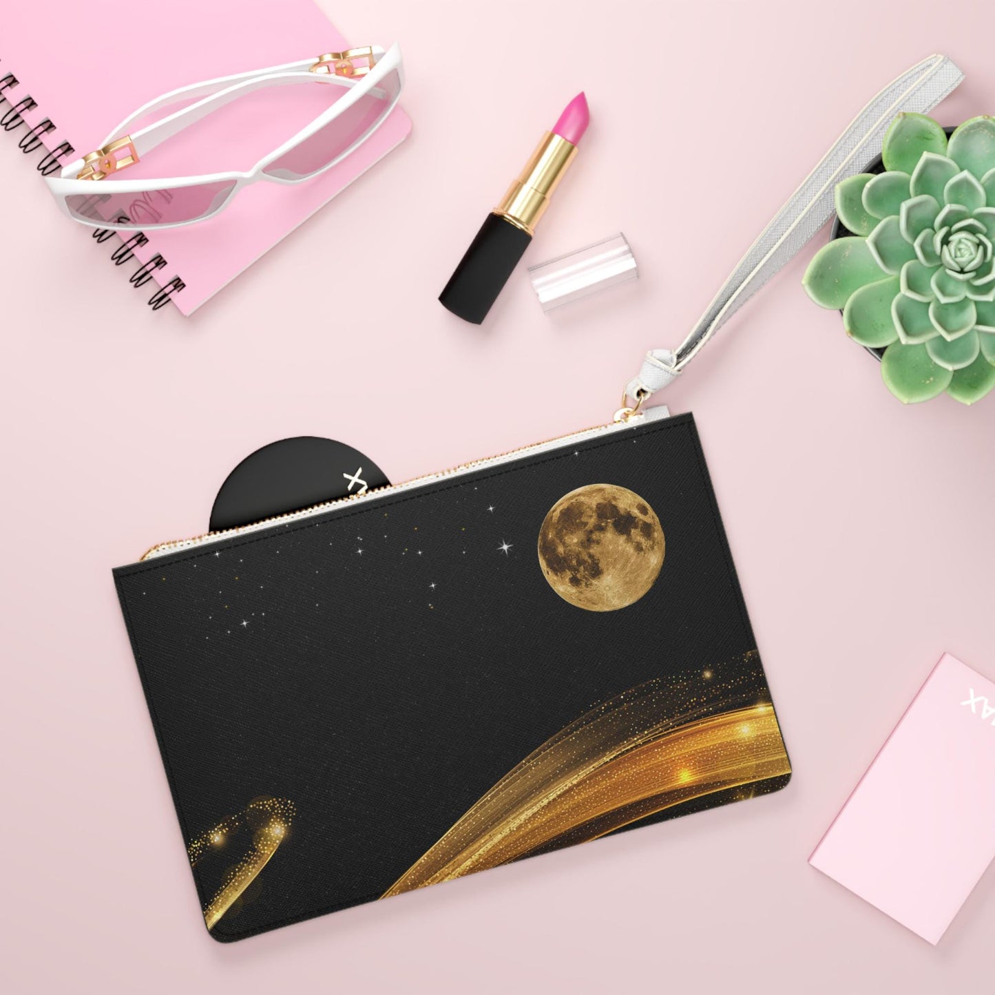 Moonlit Glam Clutch Bag, Evening Pouch for Night Out, Gift for Her, Celestial Accessory for Parties, Golden and Black Design