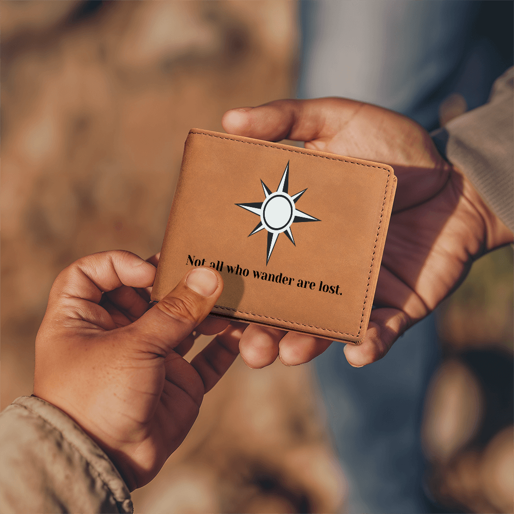 “Engraved Leather Wallet – Not All Who Wander Are Lost | Compass Design Gift for Men”