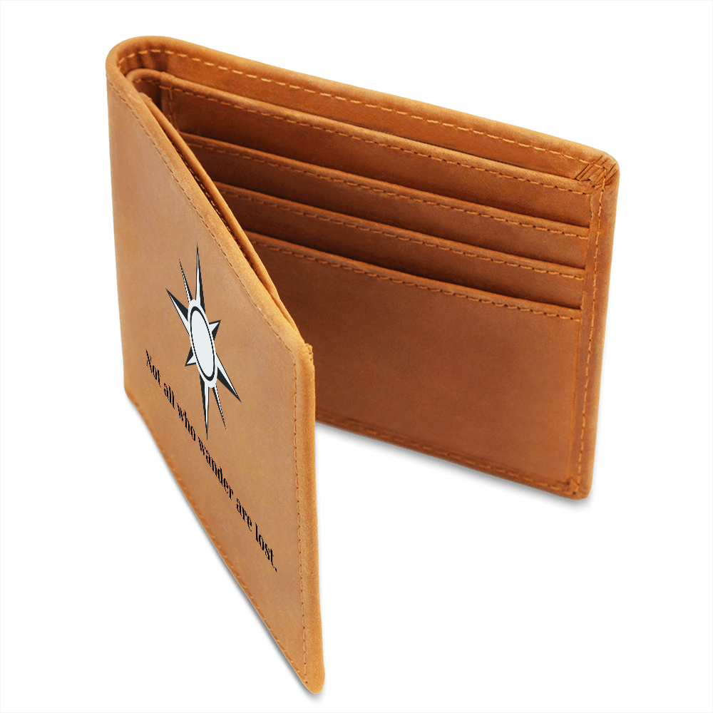 “Engraved Leather Wallet – Not All Who Wander Are Lost | Compass Design Gift for Men”