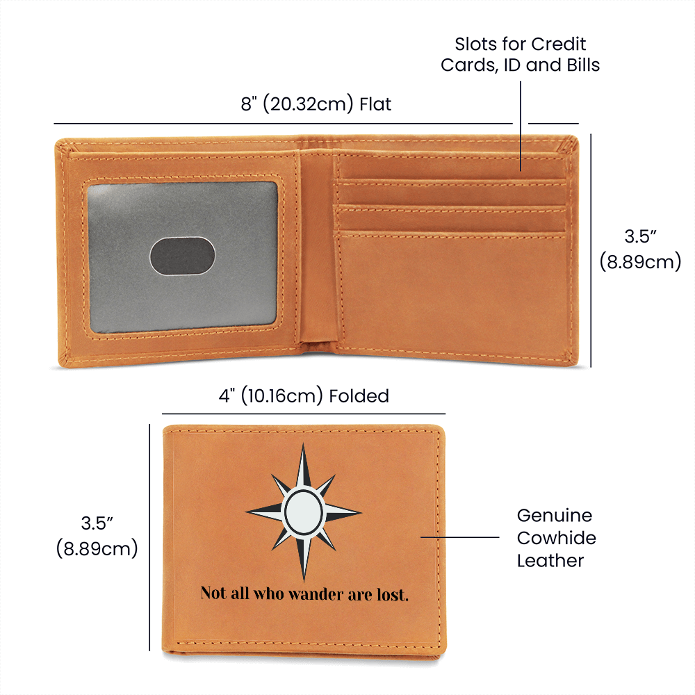 “Engraved Leather Wallet – Not All Who Wander Are Lost | Compass Design Gift for Men”