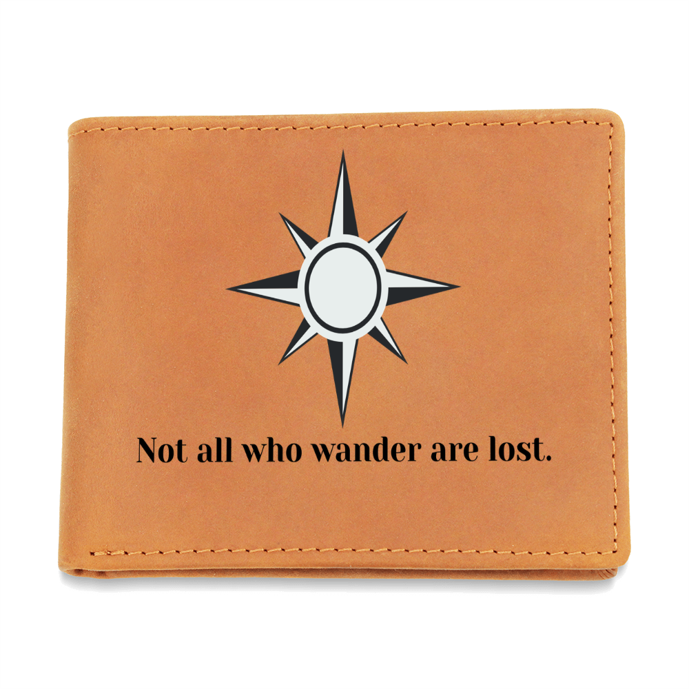 “Engraved Leather Wallet – Not All Who Wander Are Lost | Compass Design Gift for Men”