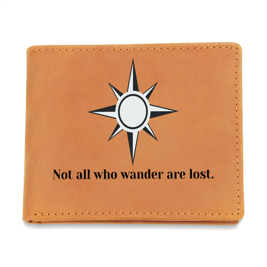 “Engraved Leather Wallet – Not All Who Wander Are Lost | Compass Design Gift for Men”