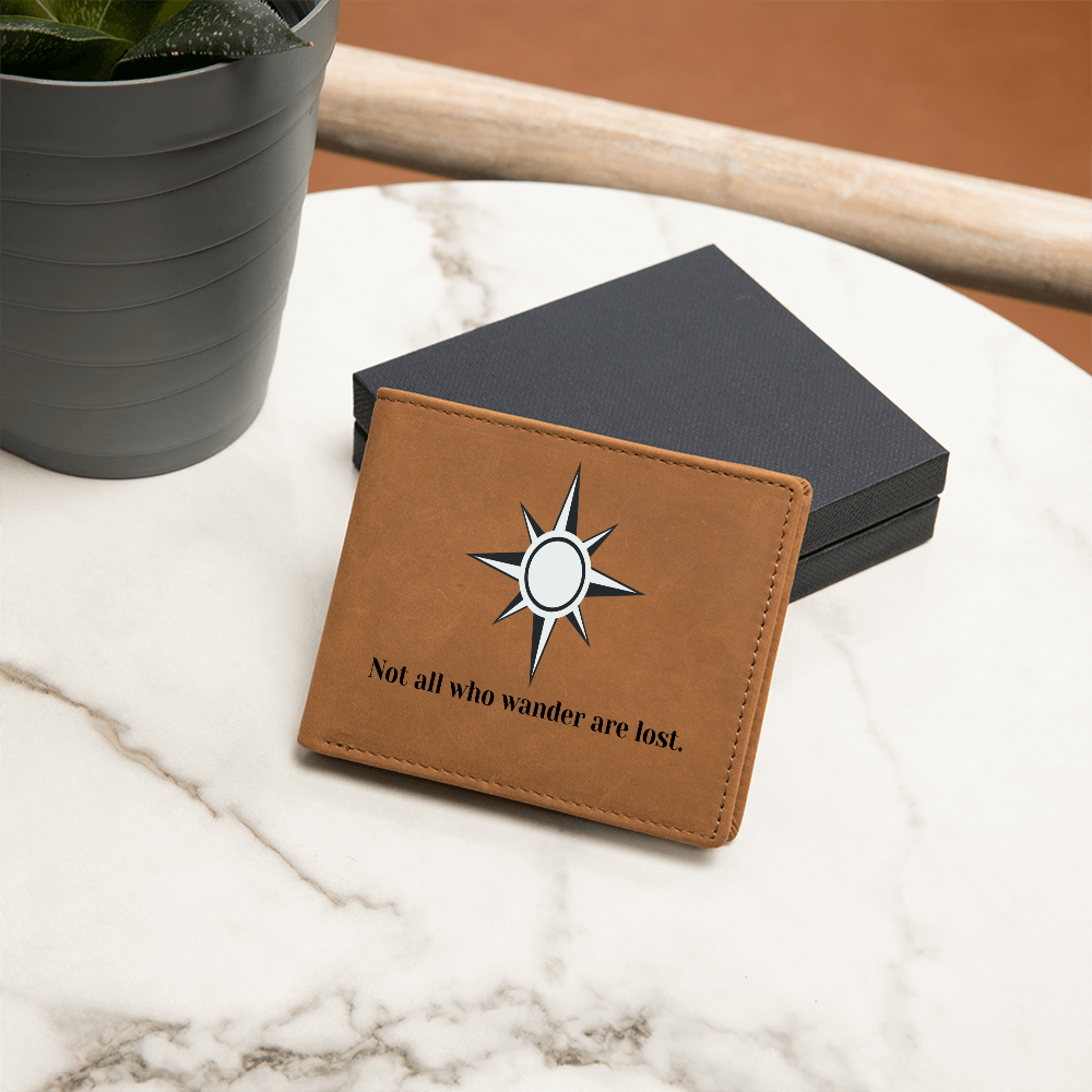 “Engraved Leather Wallet – Not All Who Wander Are Lost | Compass Design Gift for Men”
