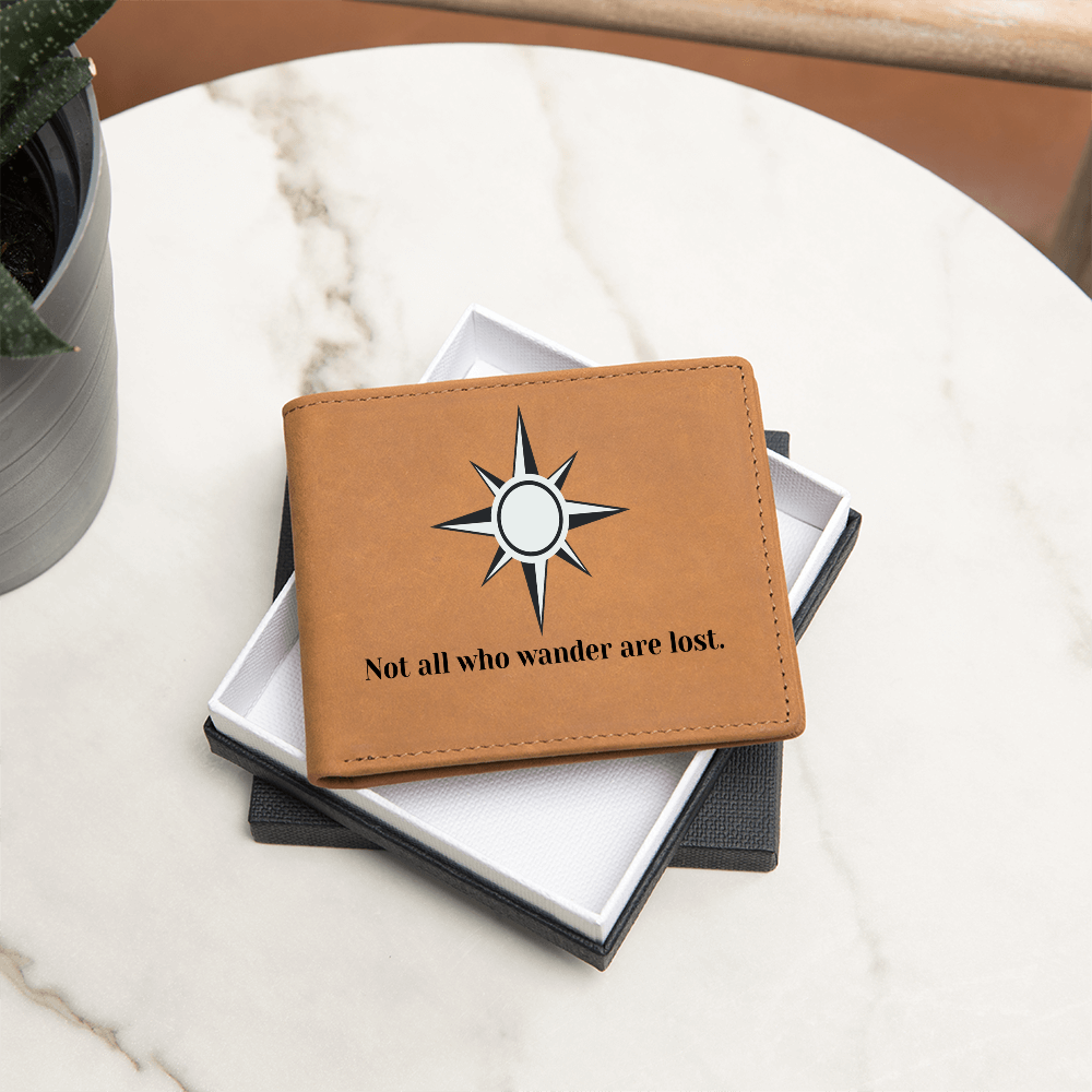 “Engraved Leather Wallet – Not All Who Wander Are Lost | Compass Design Gift for Men”