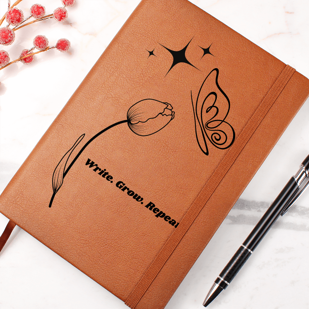 “Write. Grow. Repeat. Leather Journal – Celestial Tulip & Butterfly Gift for Writers | Inspirational ShineOn Notebook for Her”