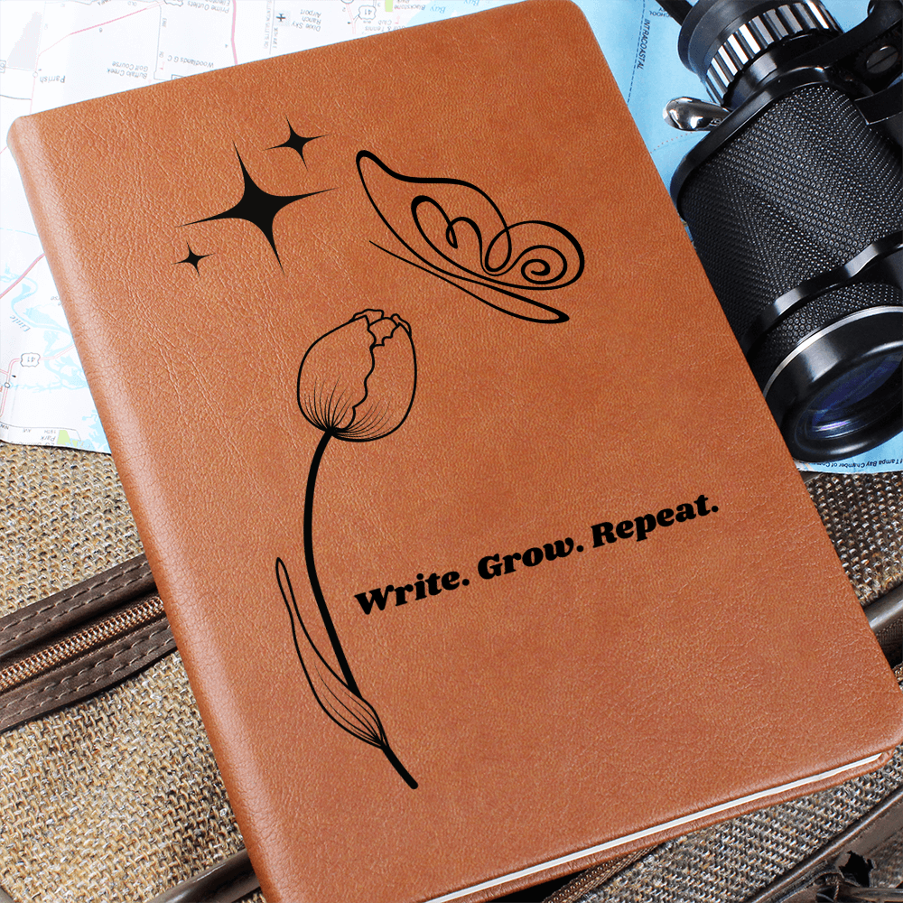 “Write. Grow. Repeat. Leather Journal – Celestial Tulip & Butterfly Gift for Writers | Inspirational ShineOn Notebook for Her”