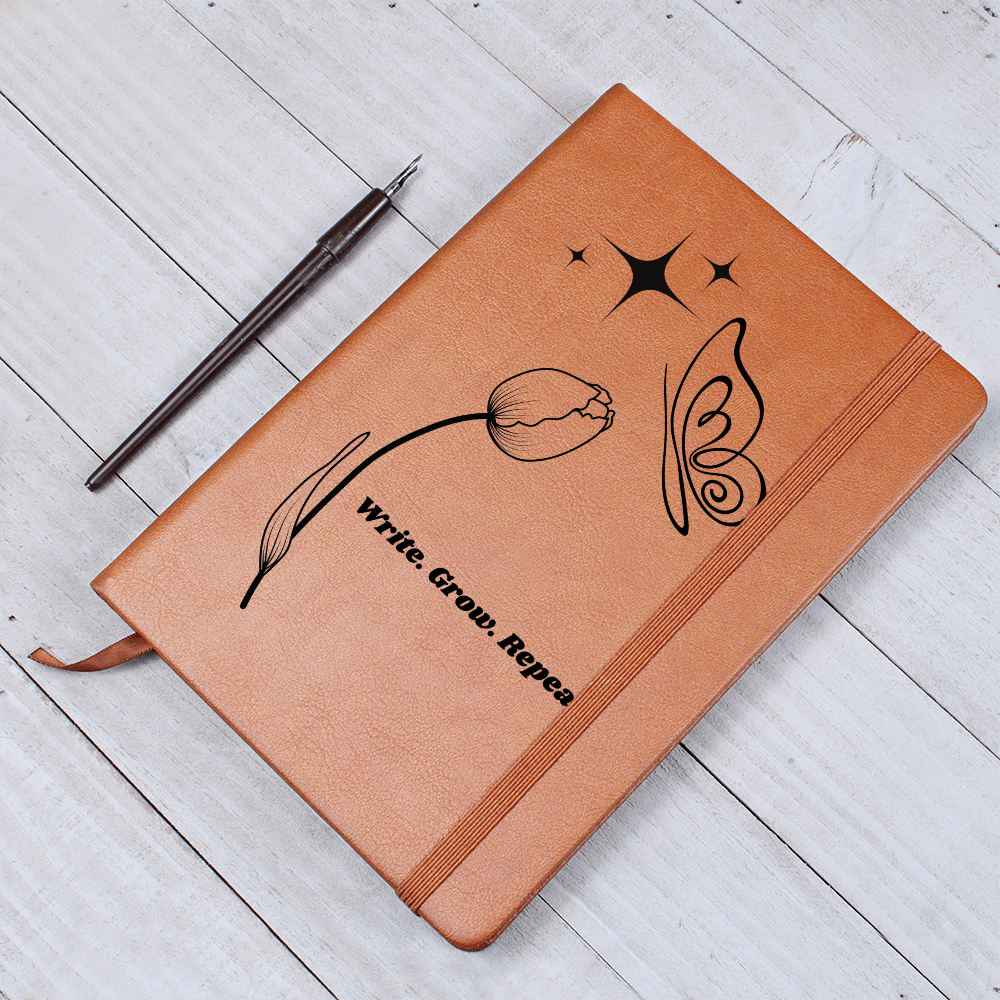 “Write. Grow. Repeat. Leather Journal – Celestial Tulip & Butterfly Gift for Writers | Inspirational ShineOn Notebook for Her”