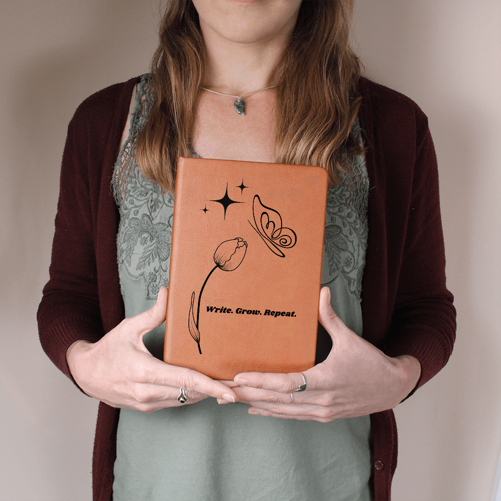 “Write. Grow. Repeat. Leather Journal – Celestial Tulip & Butterfly Gift for Writers | Inspirational ShineOn Notebook for Her”