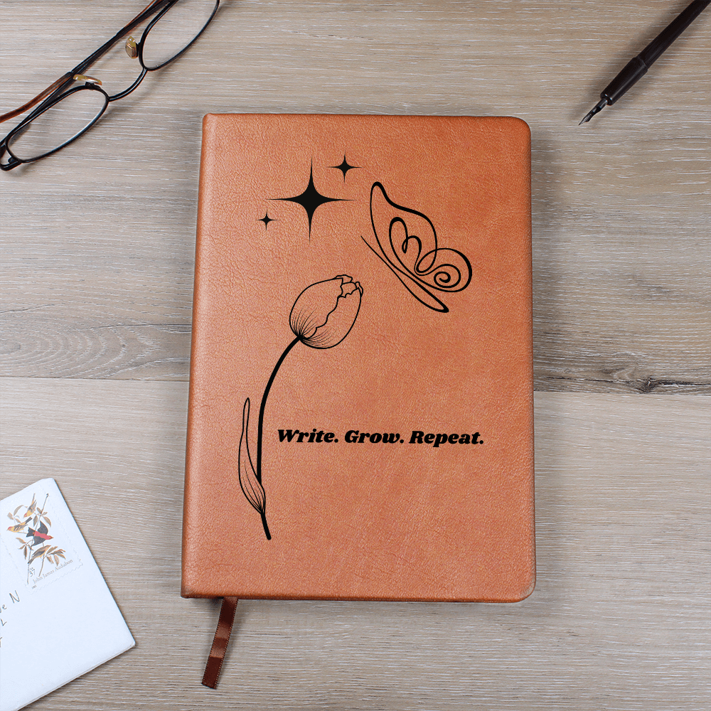 “Write. Grow. Repeat. Leather Journal – Celestial Tulip & Butterfly Gift for Writers | Inspirational ShineOn Notebook for Her”