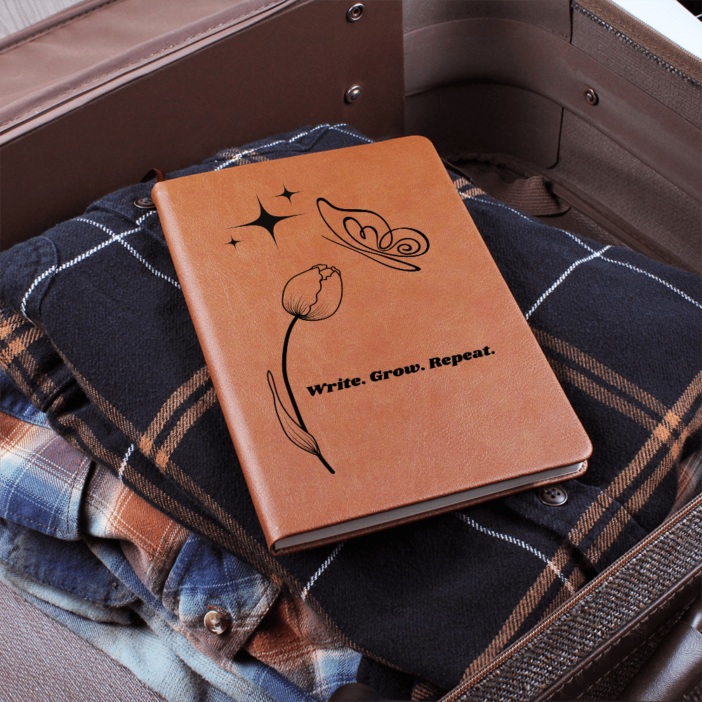 “Write. Grow. Repeat. Leather Journal – Celestial Tulip & Butterfly Gift for Writers | Inspirational ShineOn Notebook for Her”