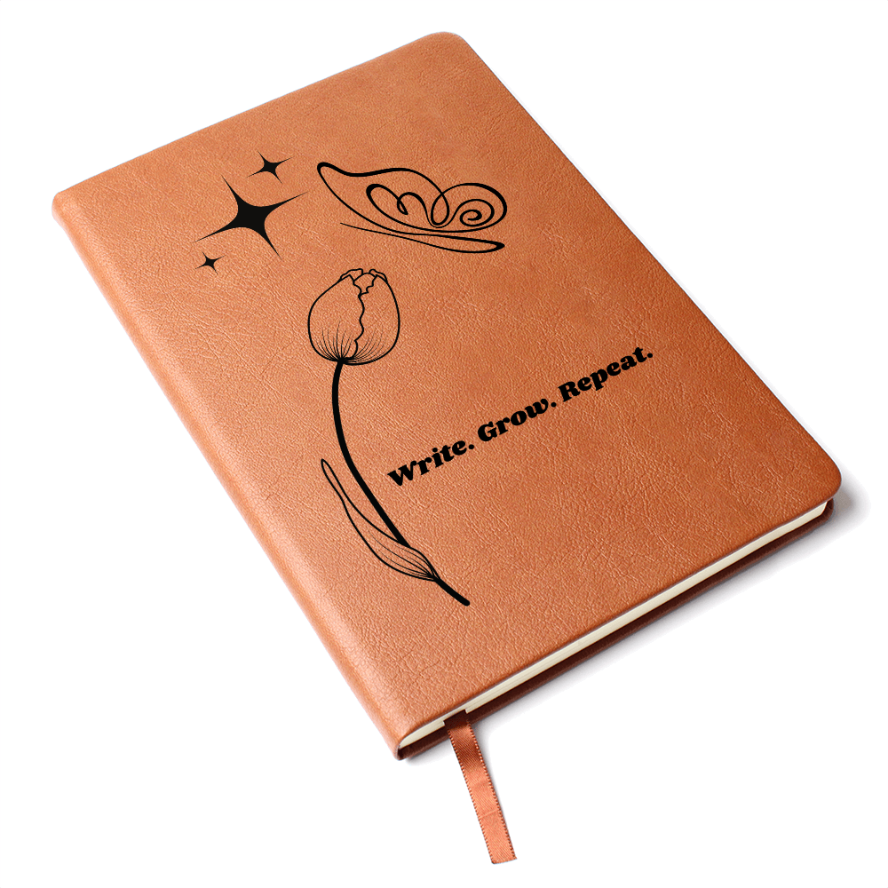“Write. Grow. Repeat. Leather Journal – Celestial Tulip & Butterfly Gift for Writers | Inspirational ShineOn Notebook for Her”