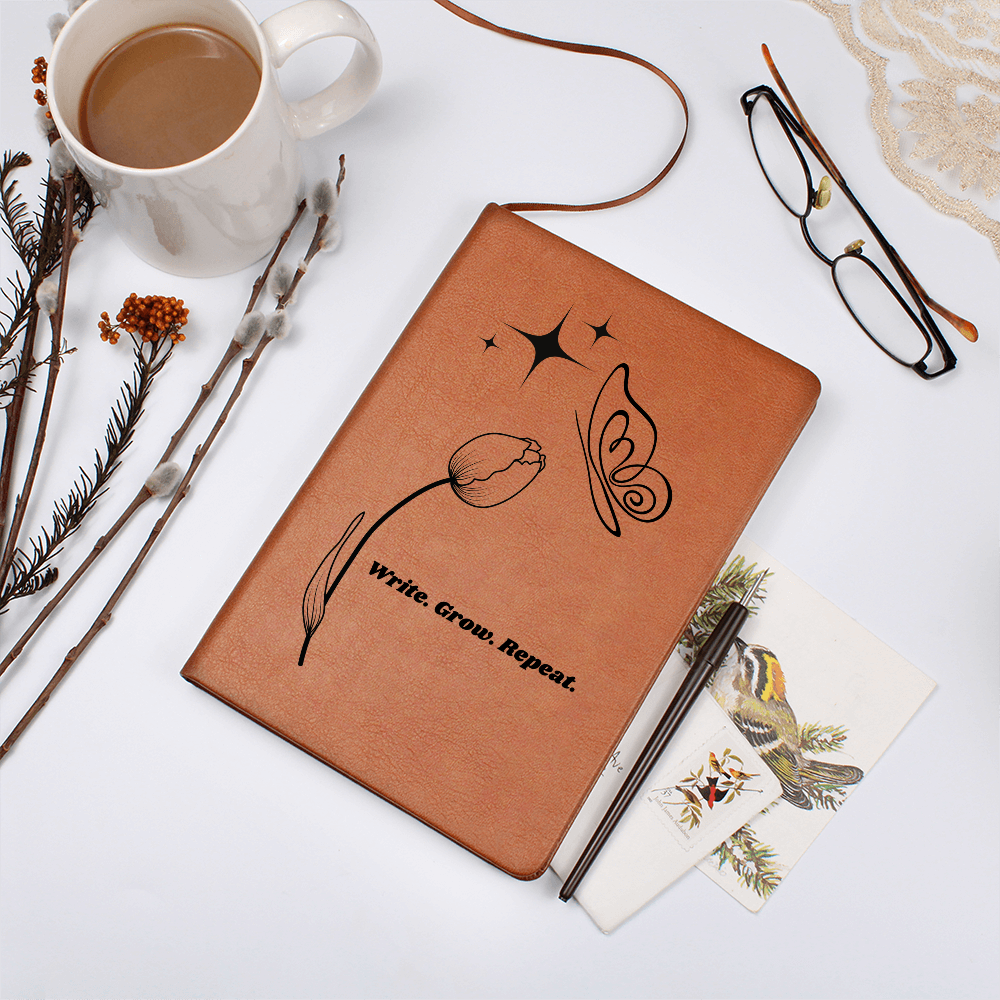 “Write. Grow. Repeat. Leather Journal – Celestial Tulip & Butterfly Gift for Writers | Inspirational ShineOn Notebook for Her”