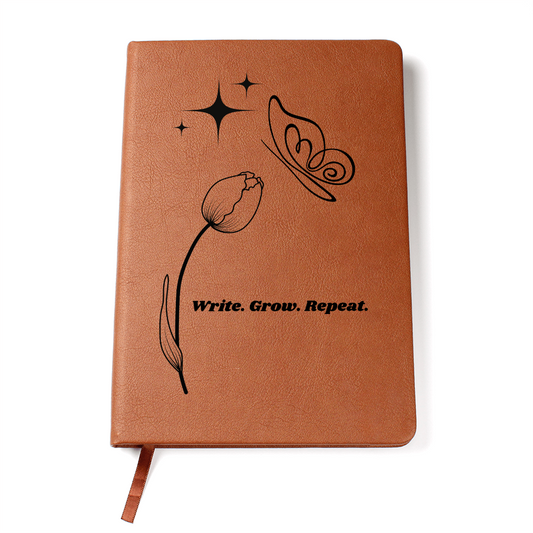 “Write. Grow. Repeat. Leather Journal – Celestial Tulip & Butterfly Gift for Writers | Inspirational ShineOn Notebook for Her”