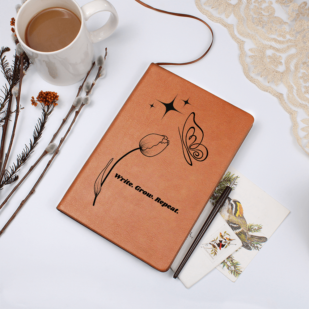 “Write. Grow. Repeat. Leather Journal – Celestial Tulip & Butterfly Gift for Writers | Inspirational ShineOn Notebook for Her”