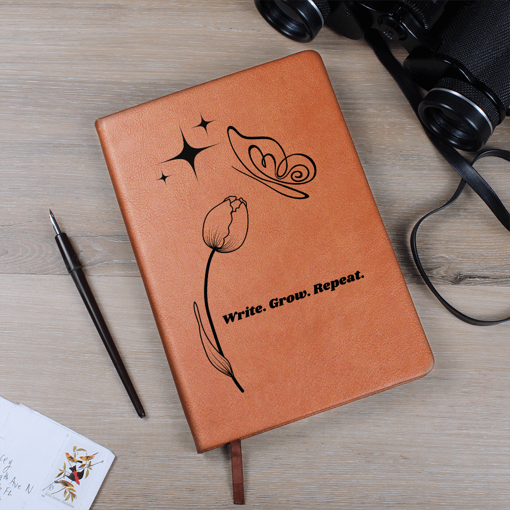 “Write. Grow. Repeat. Leather Journal – Celestial Tulip & Butterfly Gift for Writers | Inspirational ShineOn Notebook for Her”