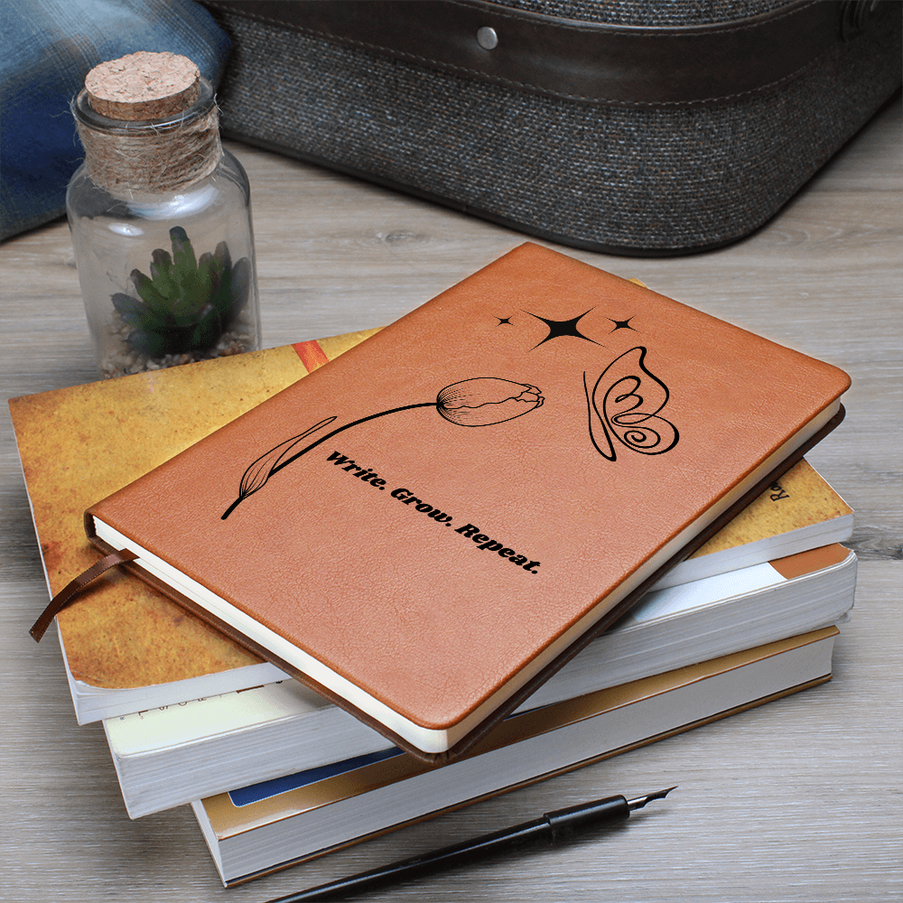 “Write. Grow. Repeat. Leather Journal – Celestial Tulip & Butterfly Gift for Writers | Inspirational ShineOn Notebook for Her”