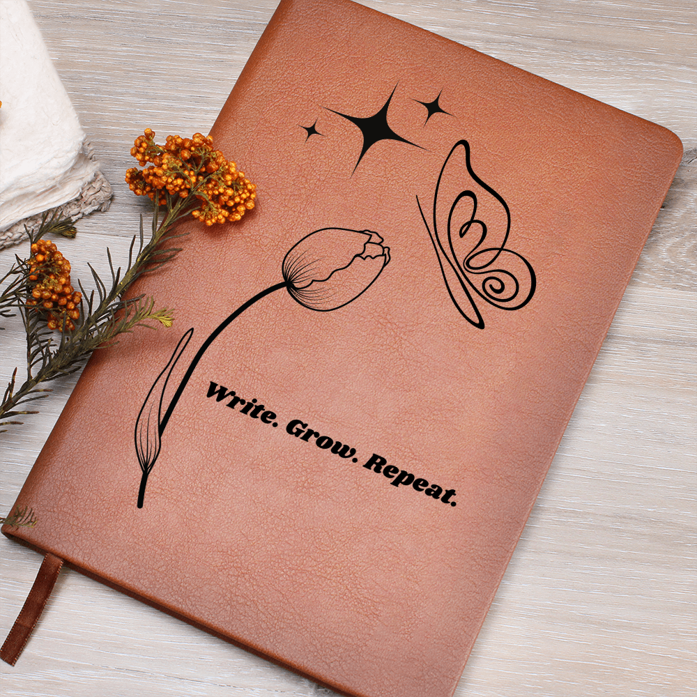 “Write. Grow. Repeat. Leather Journal – Celestial Tulip & Butterfly Gift for Writers | Inspirational ShineOn Notebook for Her”