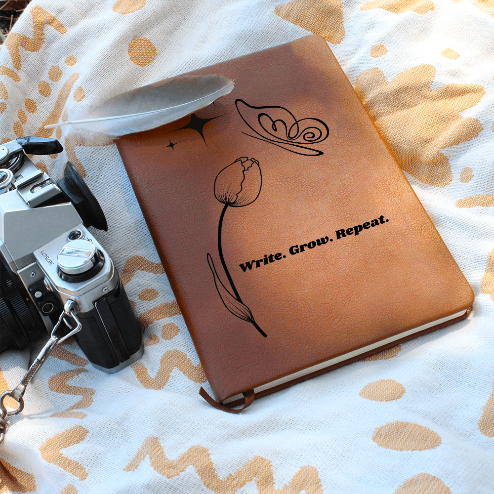 “Write. Grow. Repeat. Leather Journal – Celestial Tulip & Butterfly Gift for Writers | Inspirational ShineOn Notebook for Her”
