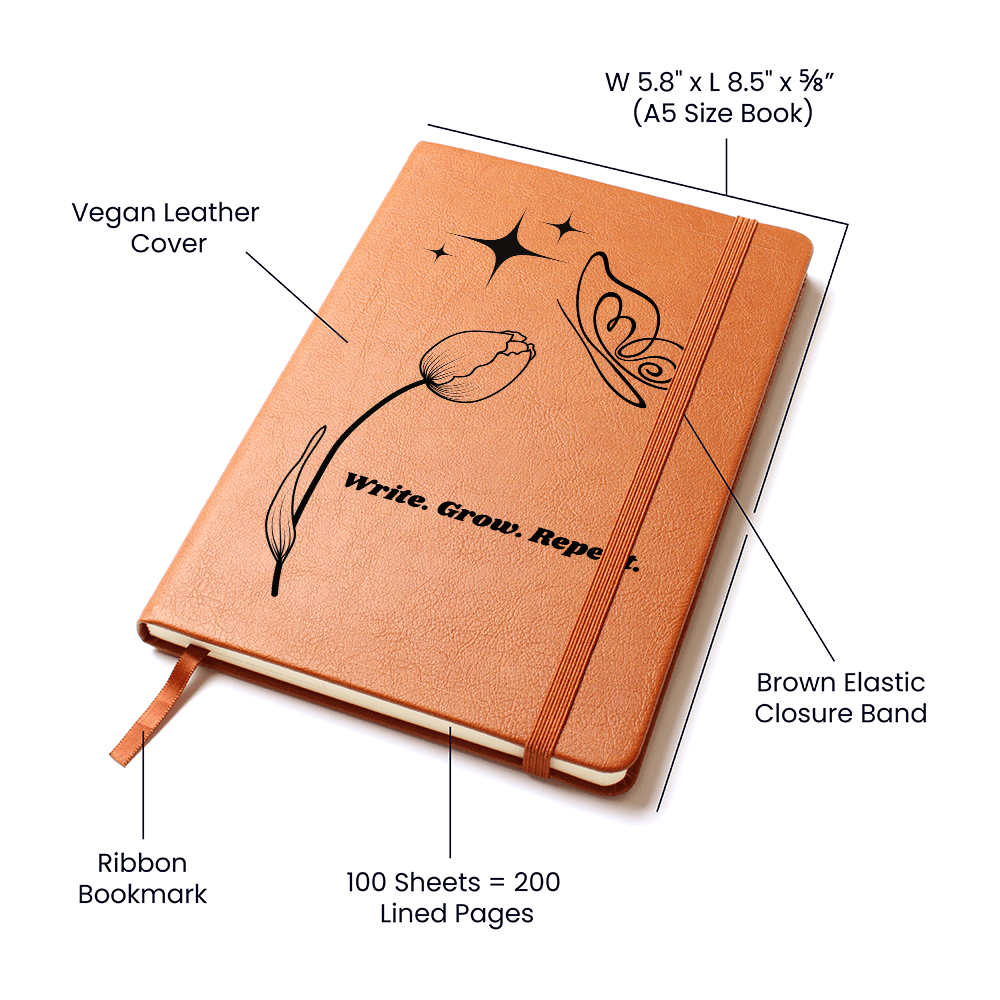 “Write. Grow. Repeat. Leather Journal – Celestial Tulip & Butterfly Gift for Writers | Inspirational ShineOn Notebook for Her”