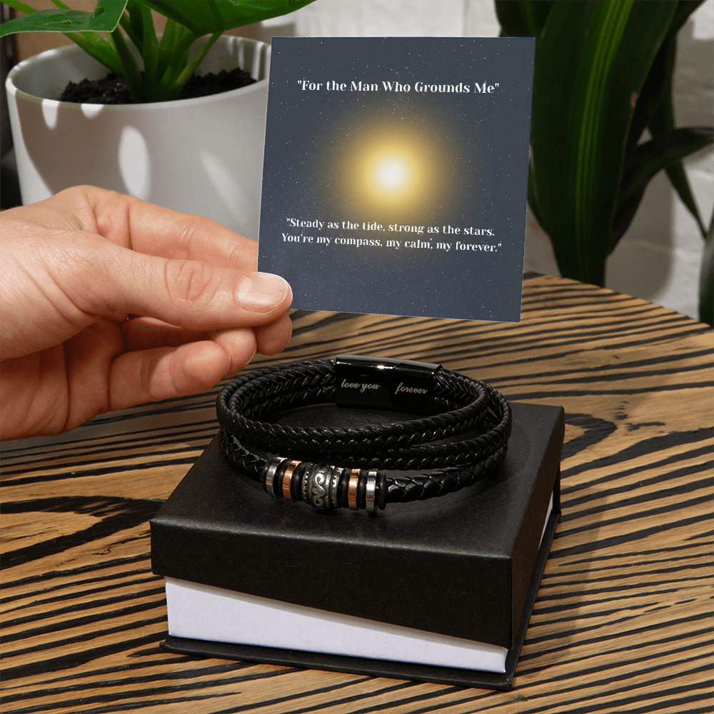 “For the Man Who Grounds Me” Bracelet – Celestial Gift for Him | Vegan Leather Bracelet with Message Card – Stardust Cove