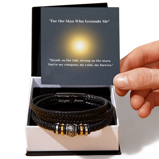 “For the Man Who Grounds Me” Bracelet – Celestial Gift for Him | Vegan Leather Bracelet with Message Card – Stardust Cove
