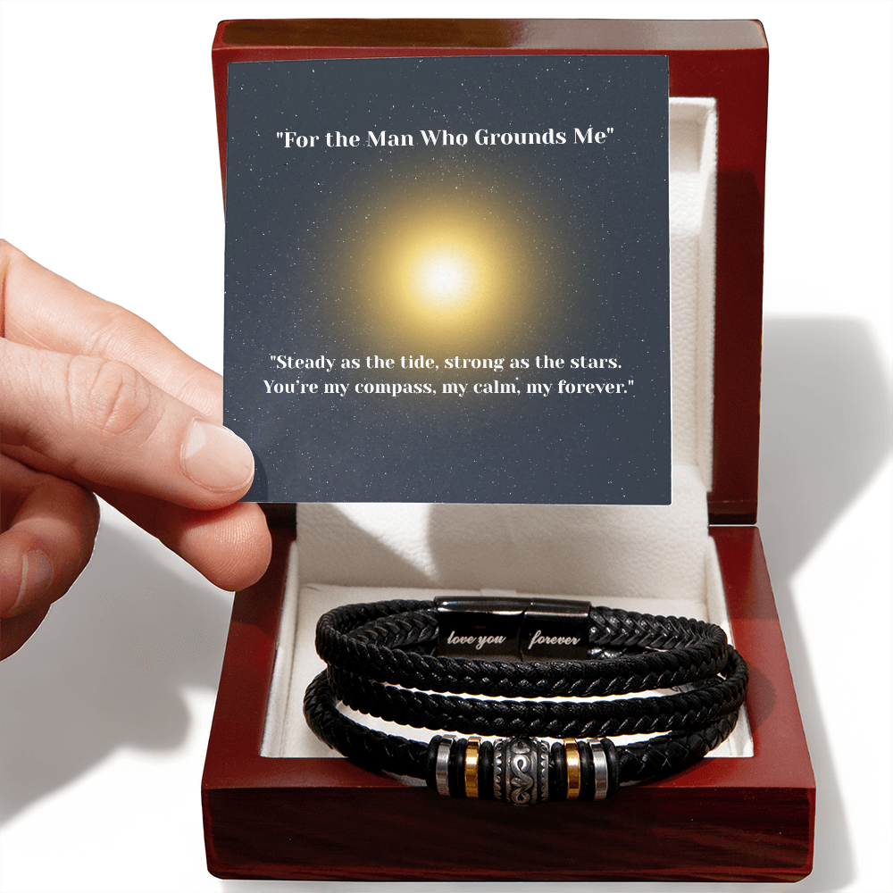 “For the Man Who Grounds Me” Bracelet – Celestial Gift for Him | Vegan Leather Bracelet with Message Card – Stardust Cove