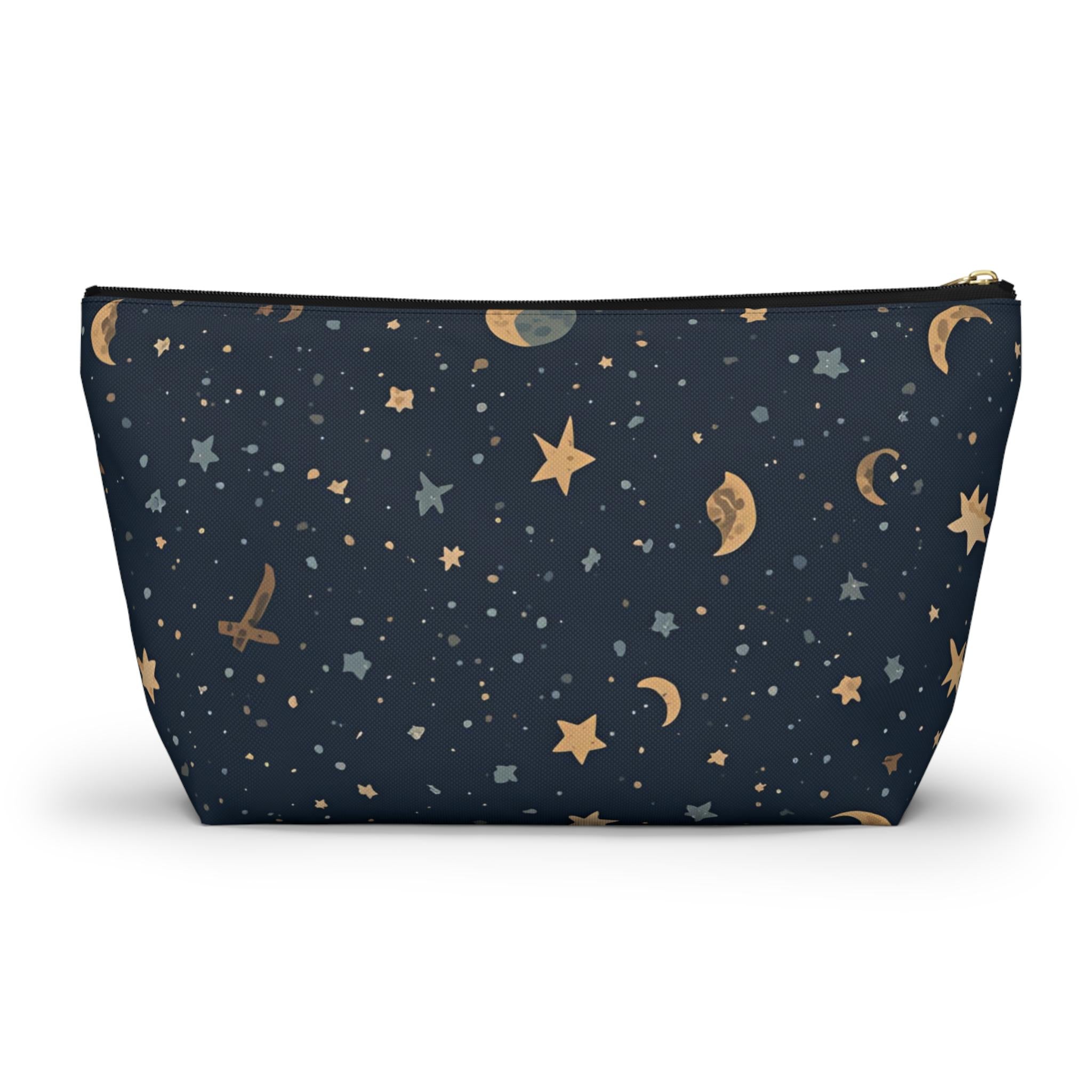 Celestial moon and stars T-bottom cosmetic pouch front view — navy blue with gold star and crescent moon print

