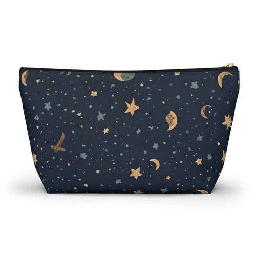 Celestial moon and stars T-bottom cosmetic pouch front view — navy blue with gold star and crescent moon print
