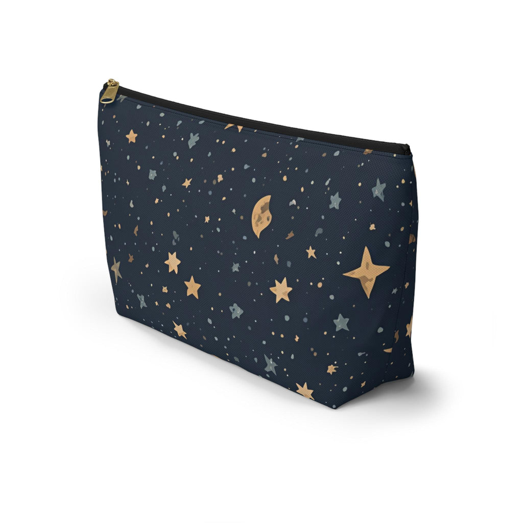 Celestial moon and stars T-bottom cosmetic pouch front view — navy blue with gold star and crescent moon print
