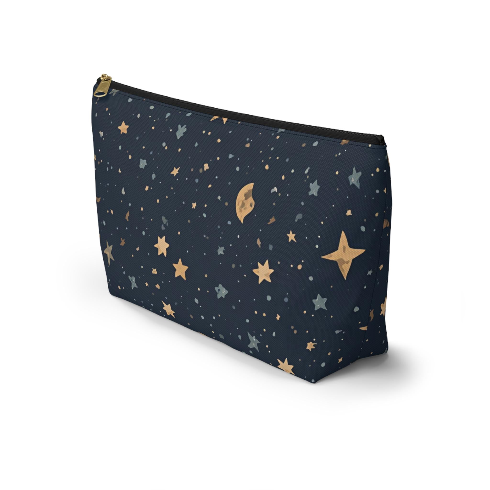 Celestial moon and stars T-bottom cosmetic pouch front view — navy blue with gold star and crescent moon print
