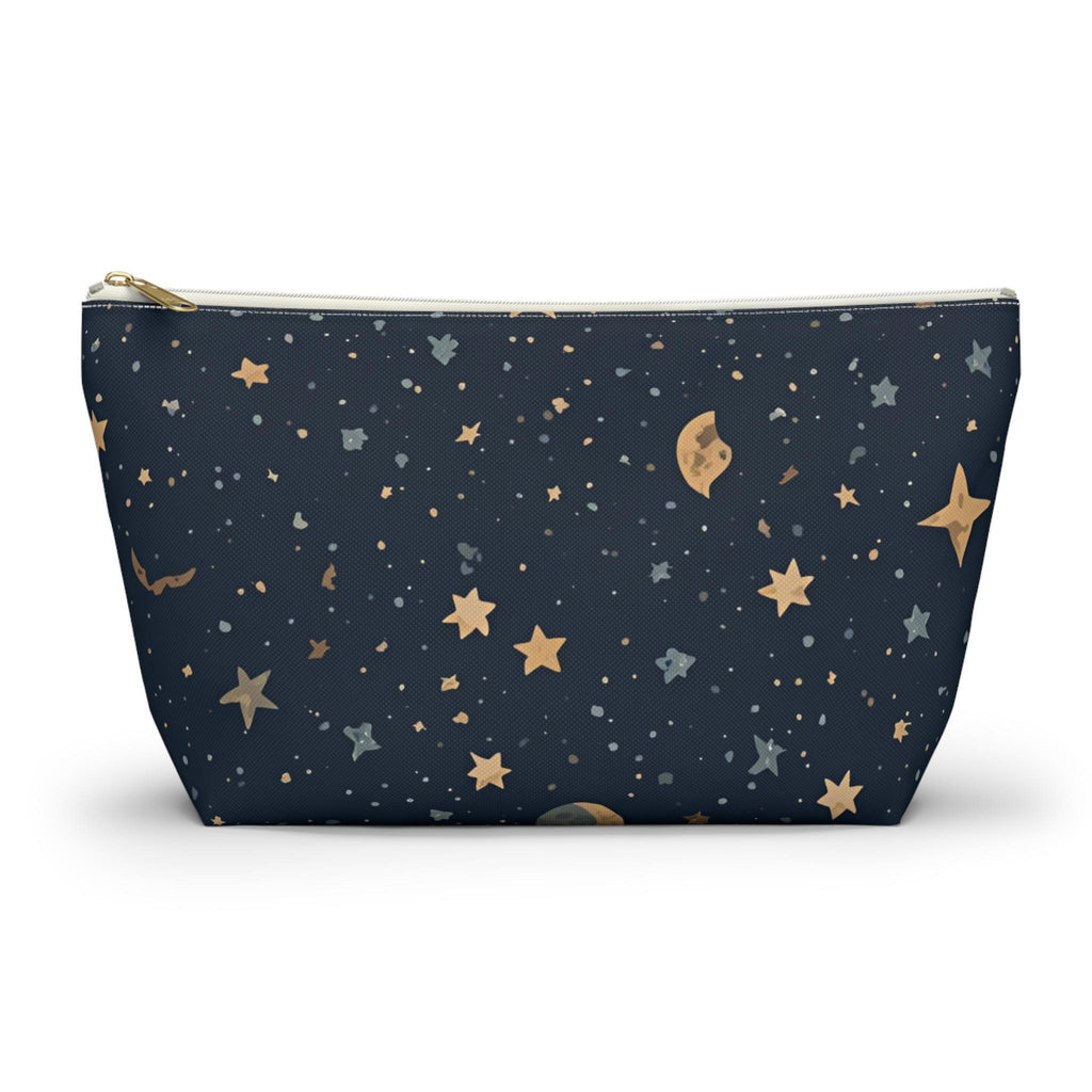 Celestial moon and stars T-bottom cosmetic pouch front view — navy blue with gold star and crescent moon print
